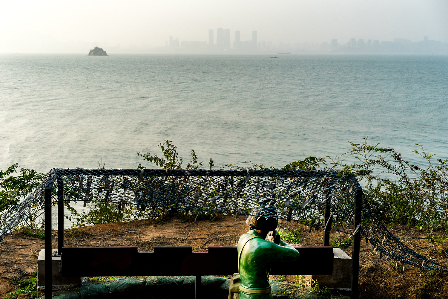 A statue of a soldier faces the waters beyond Lieyu Island, also known as Little Kinmen, a short ferry ride from Kinmen proper. This island is a tourist stop for visitors interested in the military history of the region, where young Taiwanese soldiers used to deploy along Kinmen’s coast to watch for enemy ‘frogmen’ from China.